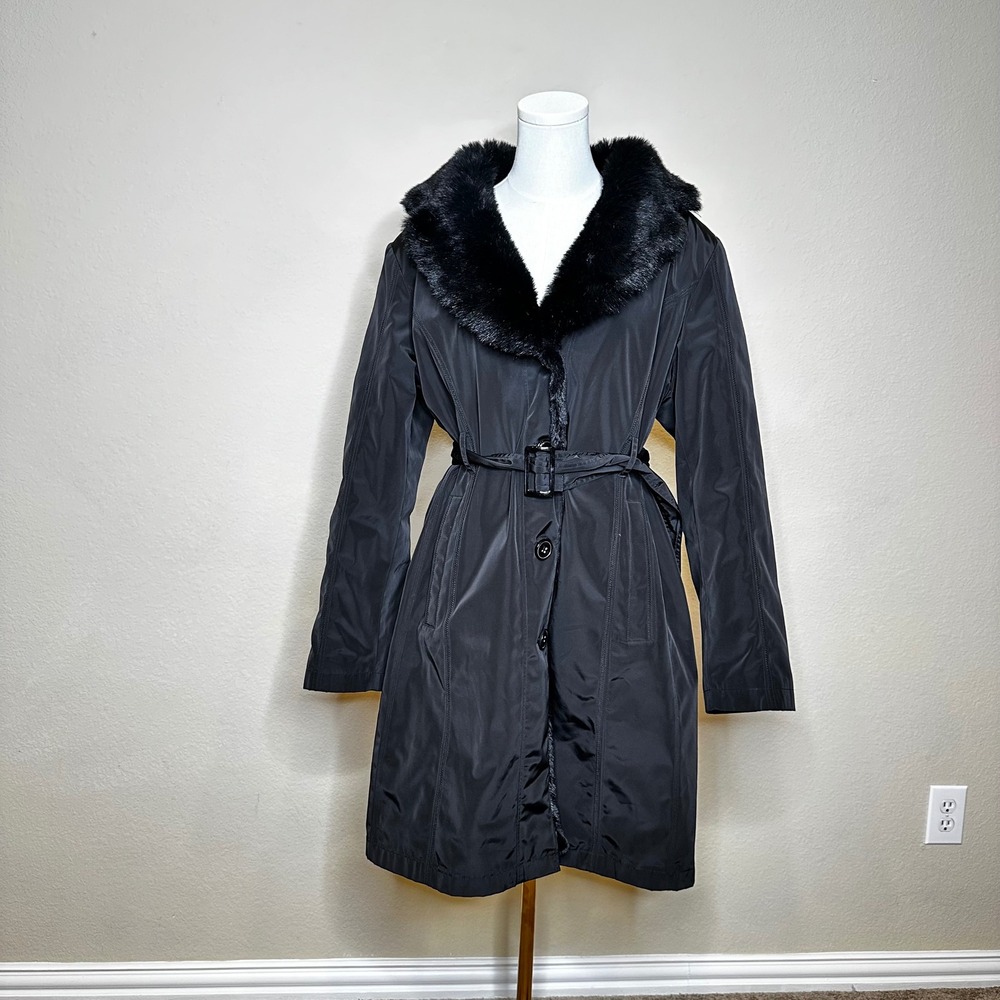 Neiman Marcus Black Belted Trench Coat Faux Fur Collar and Hood Women Size XL